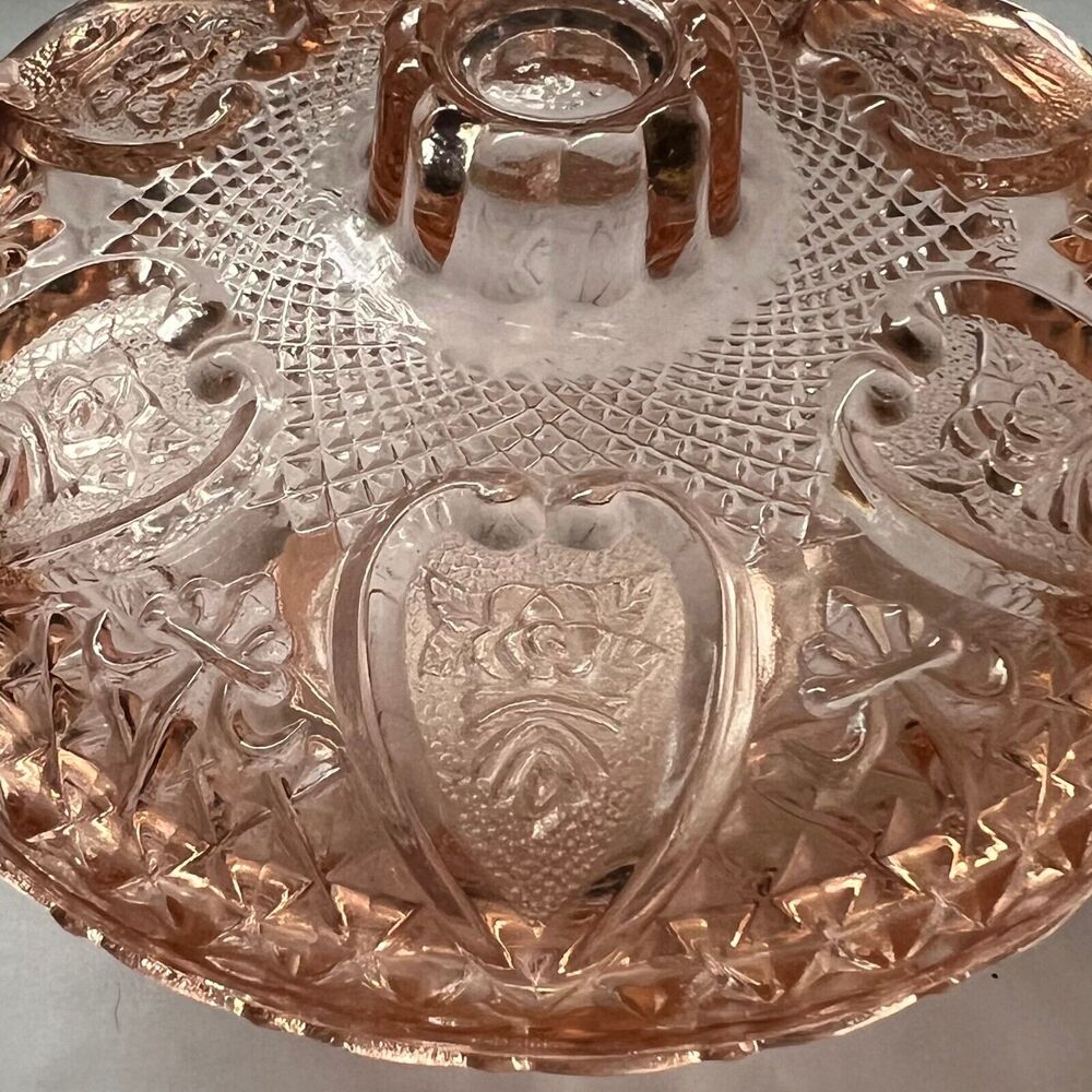 Vintage Pink Glass Heart Motif Embossed Sugar, Candy, Trinket Dish with Lid - Picture 4 of 13